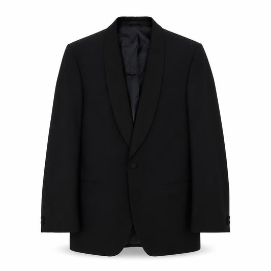 Front view of Hornes men’s black polyester tuxedo suit jacket, size 38, regular