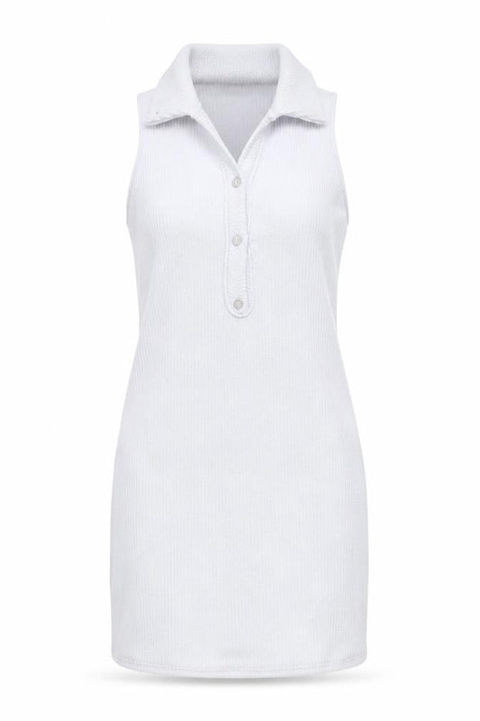 Front view of PRETTYLITTLETHING women’s white polyester mini, size UK 10, collared pullover - backless