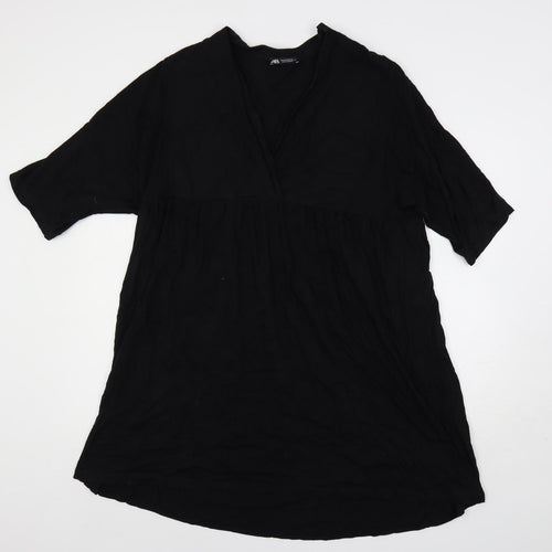 Zara Womens Black Cotton Trapeze & Swing Size M V-Neck Pullover