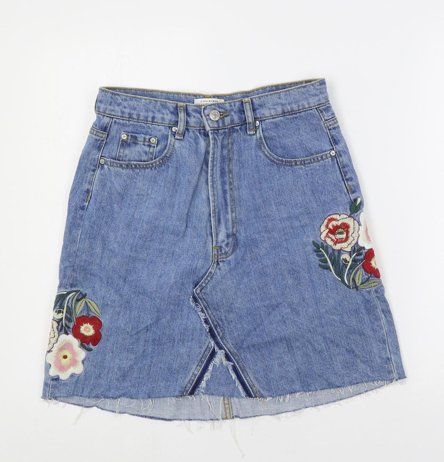 Zara Womens Blue Cotton A-Line Skirt Size S Button - Embellished