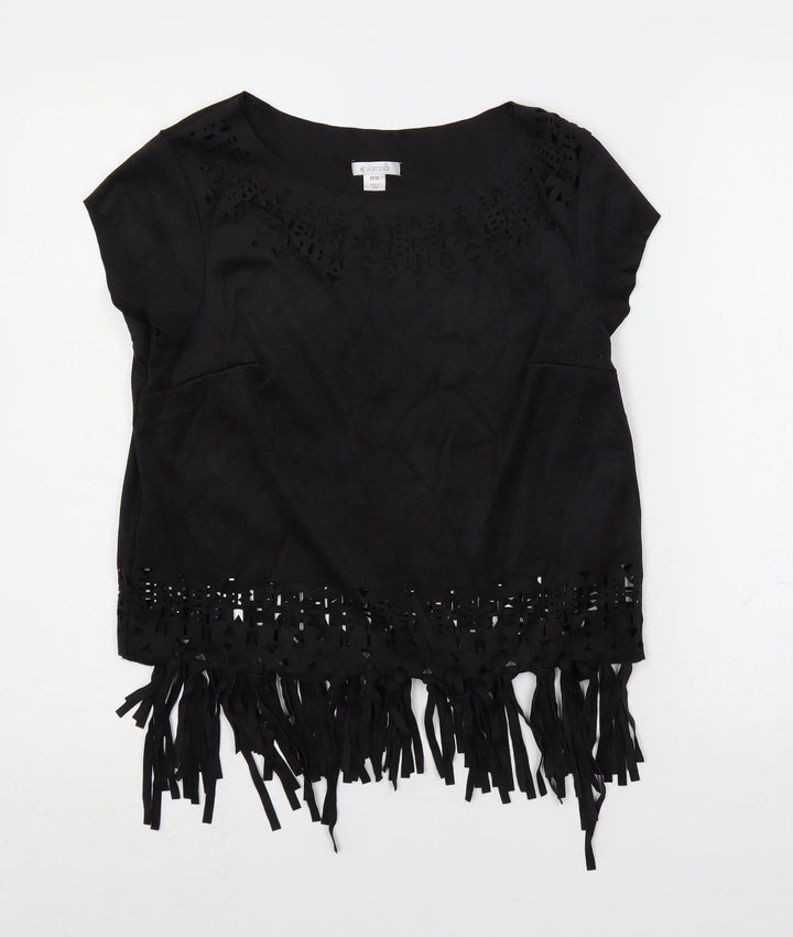 Xhilaration Womens Black Polyester Basic Blouse Size M Boat Neck - Fringe