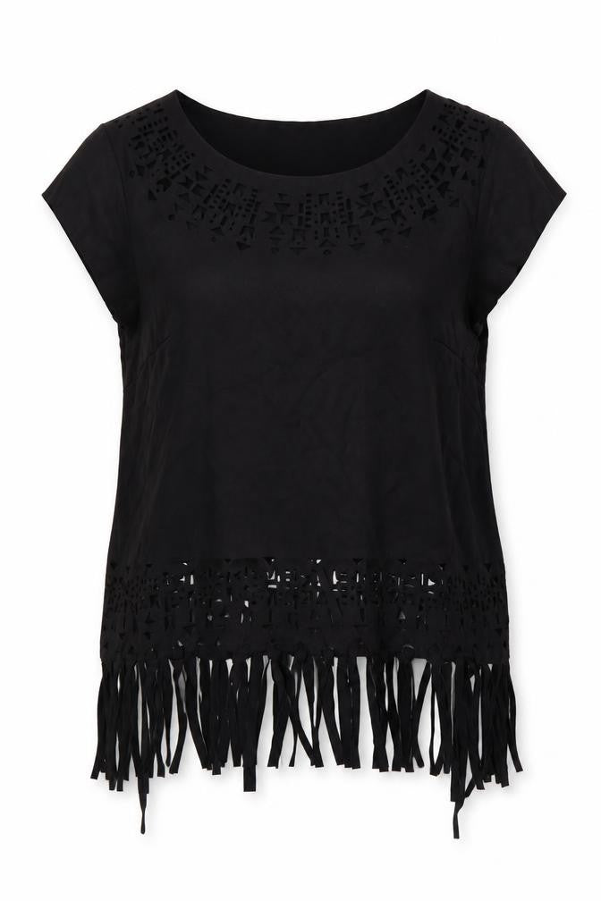 Front view of Xhilaration women’s black polyester basic blouse, size M, boat neck - fringe
