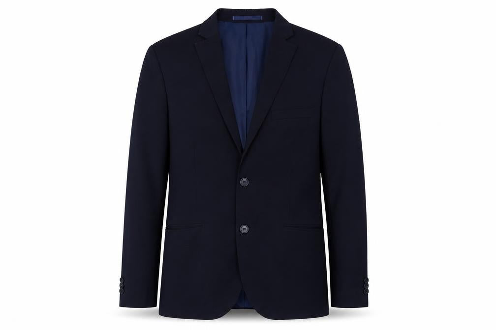 Front view of Marks & Spencer men’s blue polyester jacket suit jacket, size 36, regular