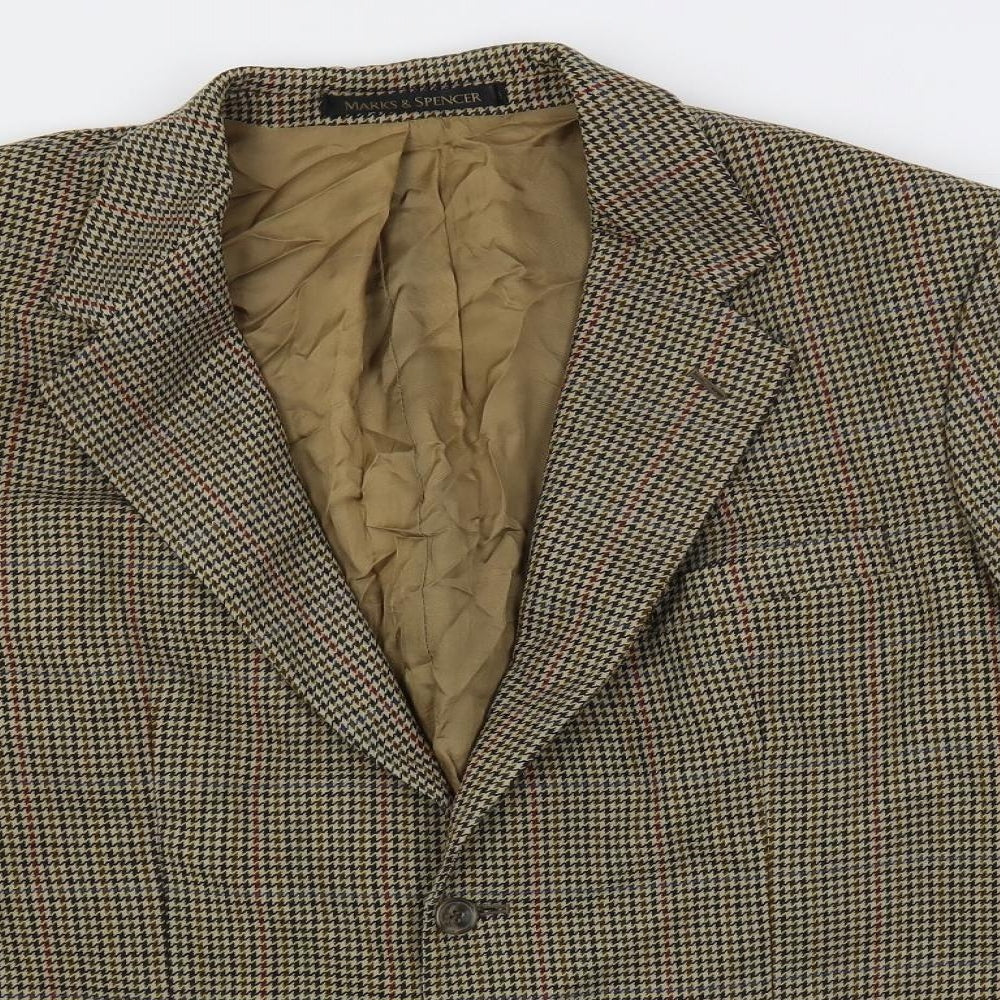 St Michael Mens Brown Geometric Wool Jacket Blazer Size 42 Regular