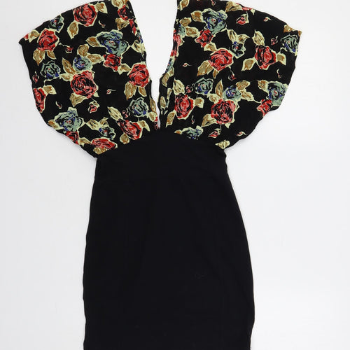 Motel Womens Black Floral Cotton Bodycon Size S V-Neck Pullover