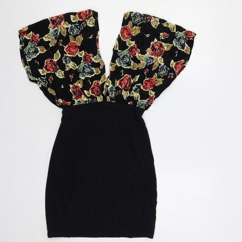 Motel Womens Black Floral Cotton Bodycon Size S V-Neck Pullover