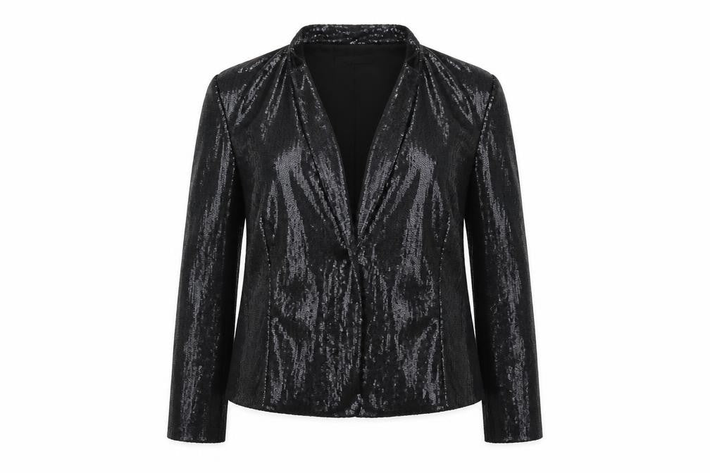 Front view of Alex & Co. women’s black jacket blazer, size UK 18, - open sequin