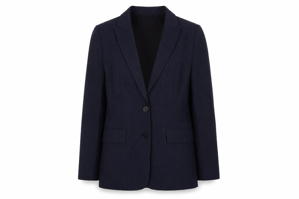 Front view of Marks & Spencer women’s blue striped jacket blazer, size UK 10, button