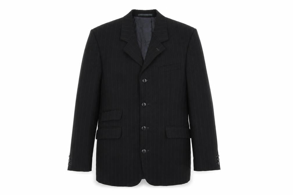 Front view of The Fine Tailoring men’s black striped polyester jacket suit jacket, size 38, regular