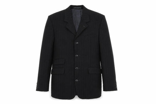 Front view of The Fine Tailoring men’s black striped polyester jacket suit jacket, size 38, regular