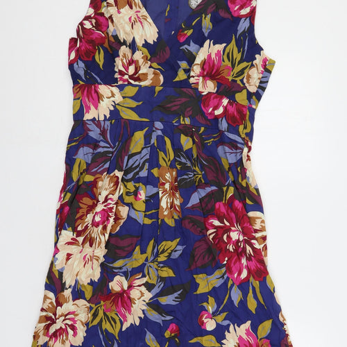 Joules Womens Blue Floral Cotton A-Line Size 14 V-Neck Zip