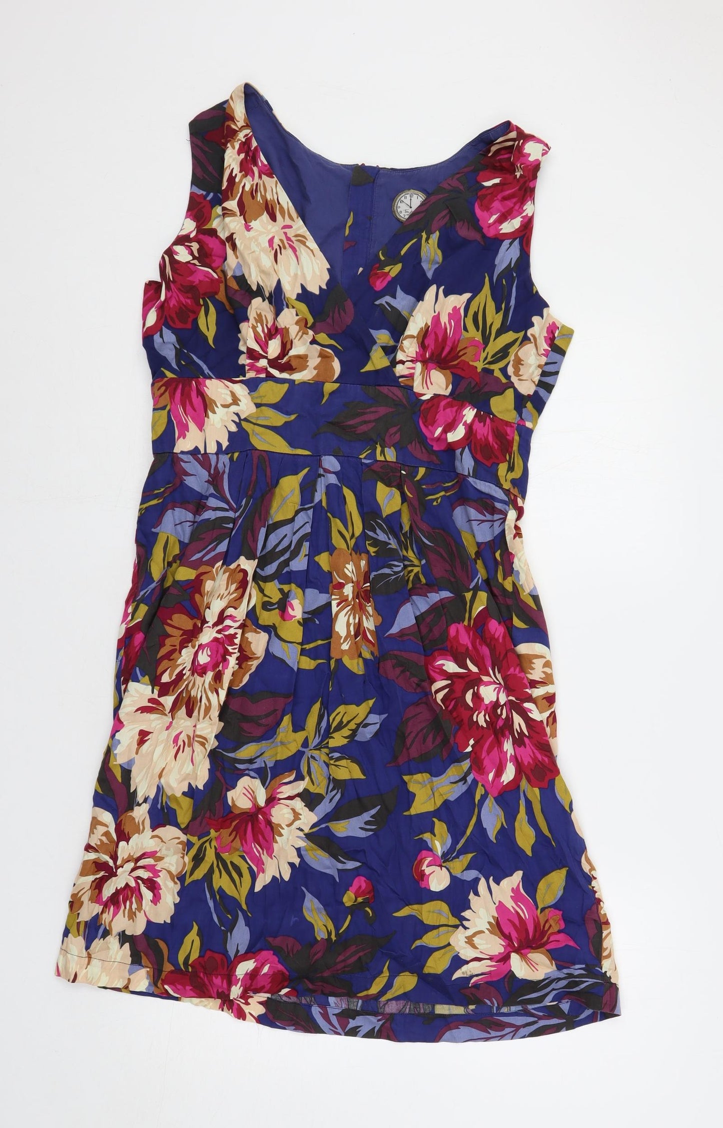 Joules Womens Blue Floral Cotton A-Line Size 14 V-Neck Zip