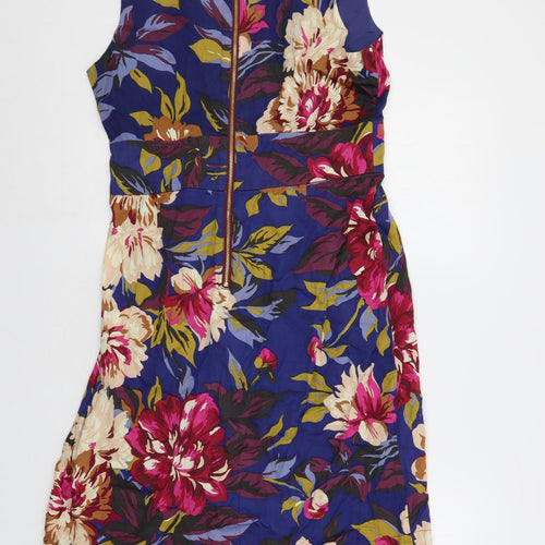Joules Womens Blue Floral Cotton A-Line Size 14 V-Neck Zip