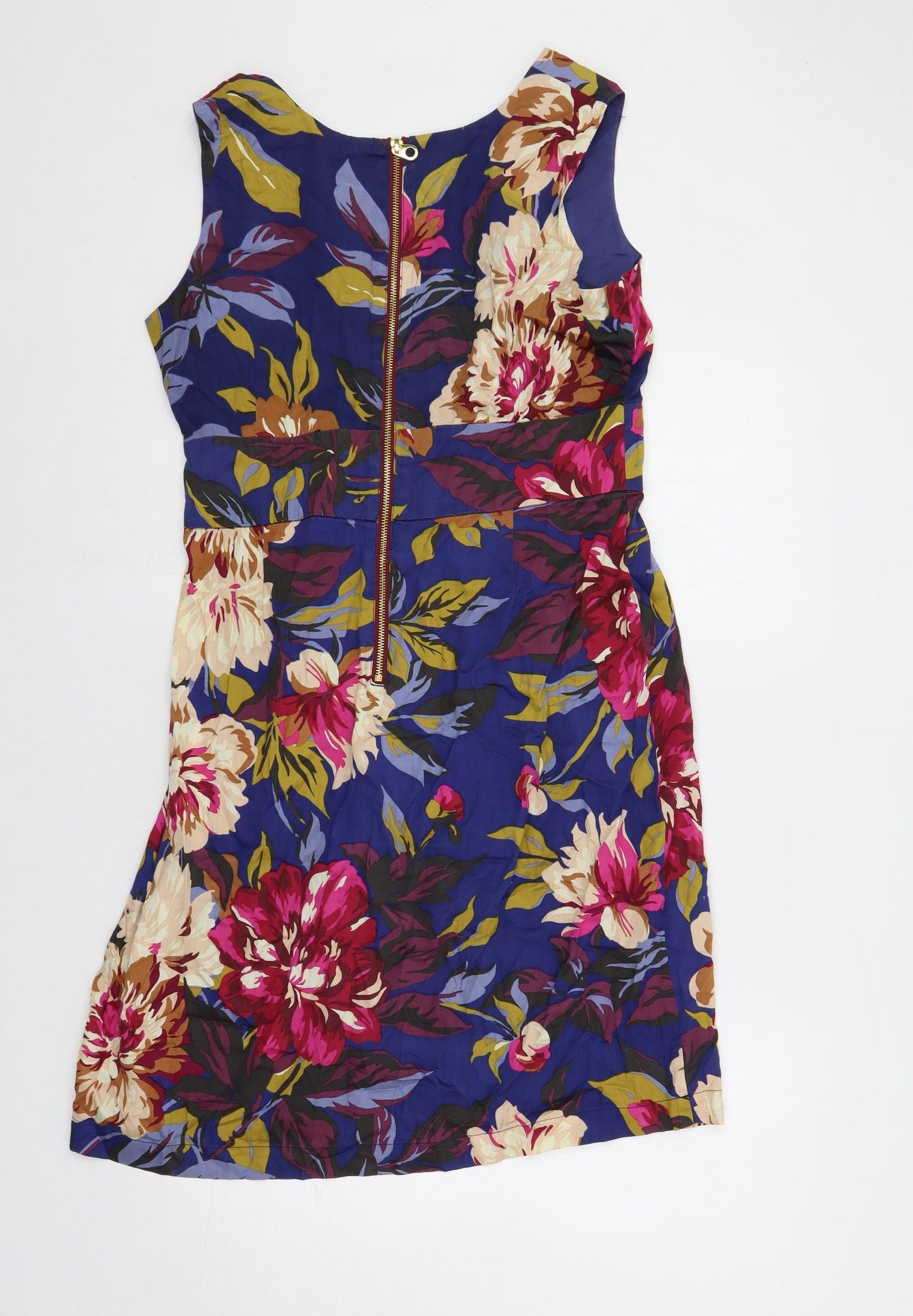 Joules Womens Blue Floral Cotton A-Line Size 14 V-Neck Zip