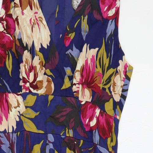 Joules Womens Blue Floral Cotton A-Line Size 14 V-Neck Zip
