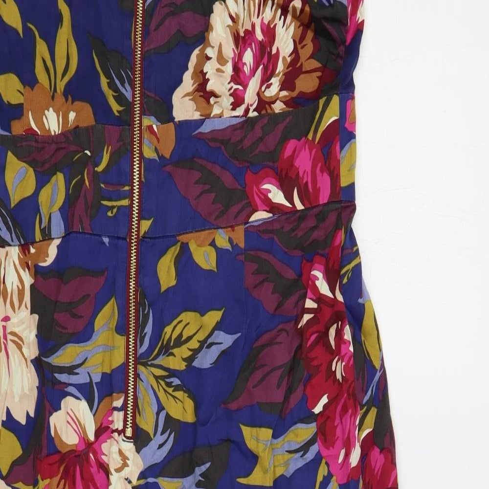 Joules Womens Blue Floral Cotton A-Line Size 14 V-Neck Zip