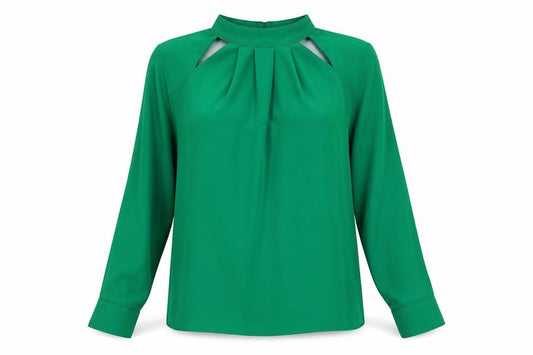 Front view of Dorothy Perkins women’s green polyester basic blouse, size UK 4, mock neck - neckline detail