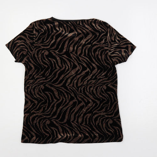 Anna Rose Womens Black Animal Print Polyester Basic Blouse Size M Round Neck - Glitter