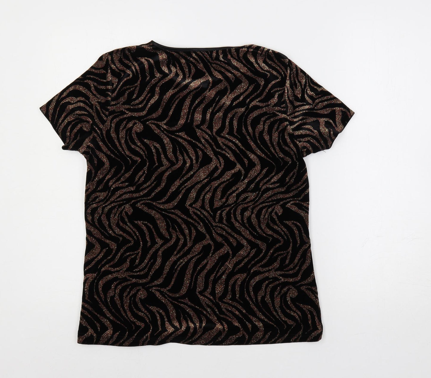 Anna Rose Womens Black Animal Print Polyester Basic Blouse Size M Round Neck - Glitter