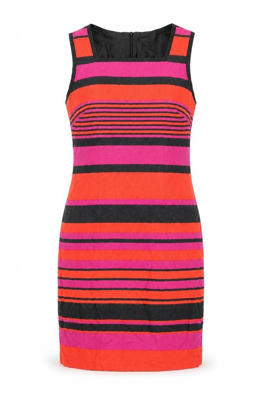 Front view of Marks & Spencer women’s multicoloured striped linen shift, size UK 12, square neck zip