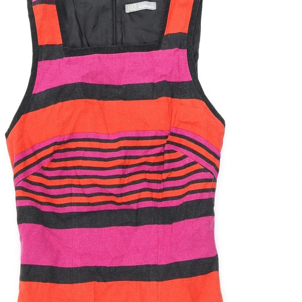 Marks and Spencer Womens Multicoloured Striped Linen Shift Size 12 Square Neck Zip
