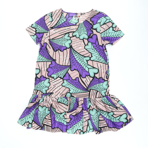 River Island Womens Pink Geometric Polyester A-Line Size 12 Boat Neck Pullover - Heart Print, Frill Detail