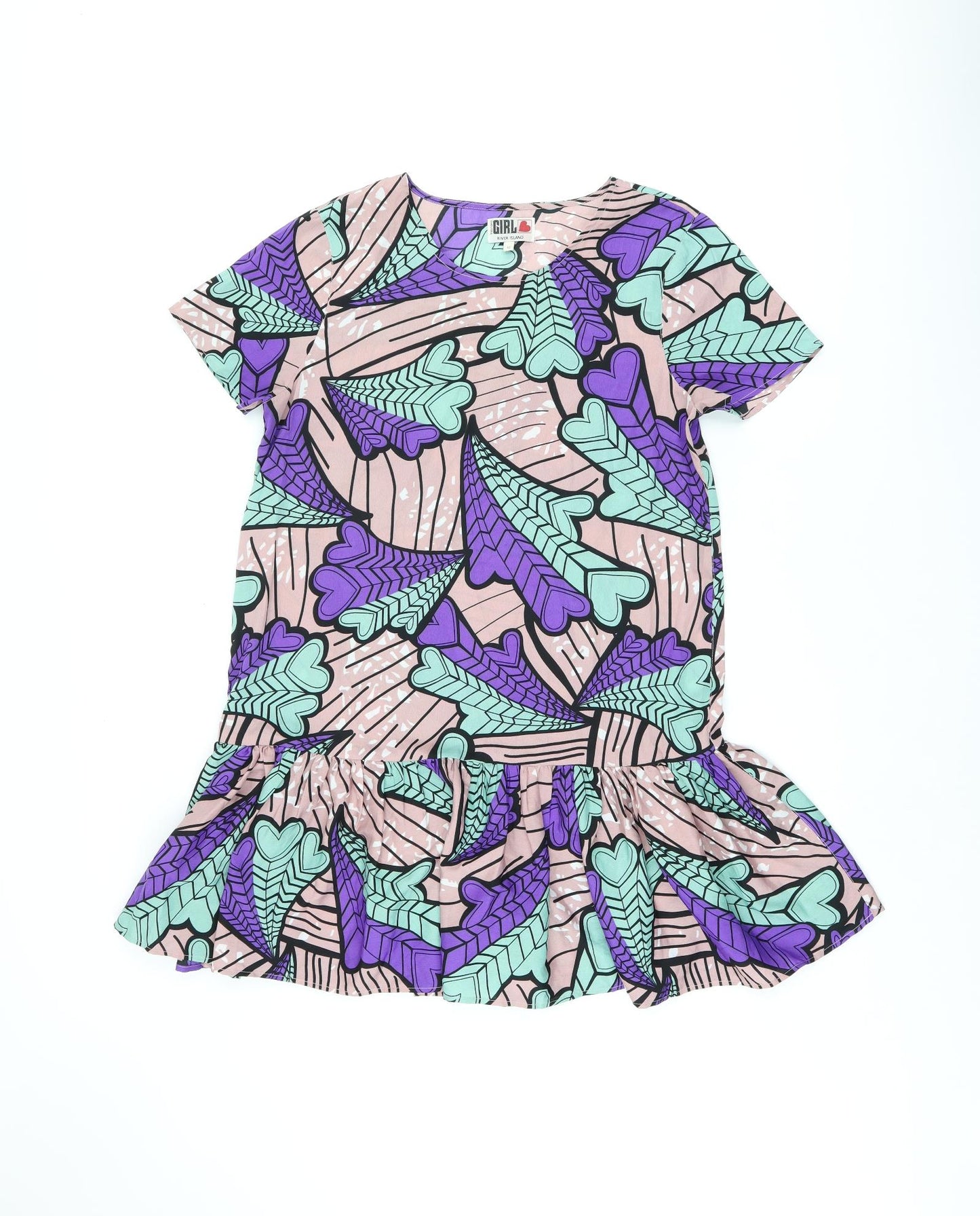 River Island Womens Pink Geometric Polyester A-Line Size 12 Boat Neck Pullover - Heart Print, Frill Detail
