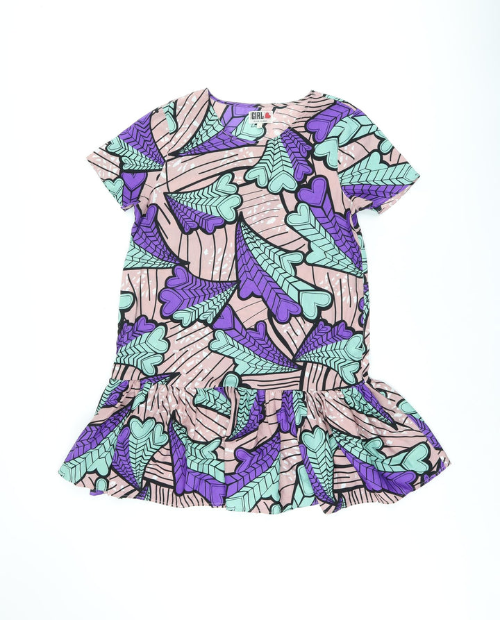River Island Womens Pink Geometric Polyester A-Line Size 12 Boat Neck Pullover - Heart Print, Frill Detail
