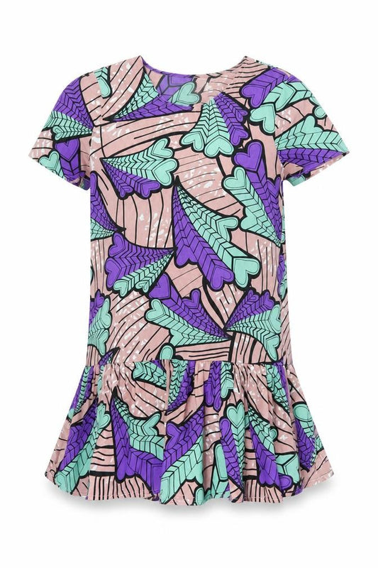 Front view of River Island women’s pink geometric polyester a-line, boat neck pullover - heart print, frill detail