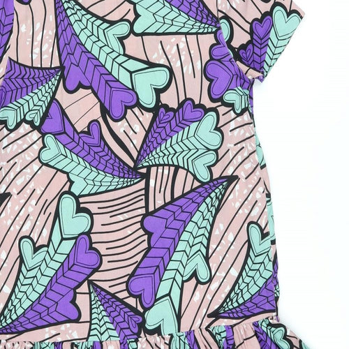 River Island Womens Pink Geometric Polyester A-Line Size 12 Boat Neck Pullover - Heart Print, Frill Detail