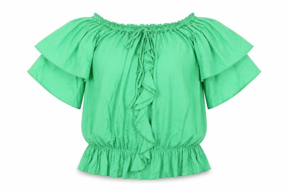 Front view of HEINE women’s green viscose basic blouse, size UK 12, off the shoulder - ruffles