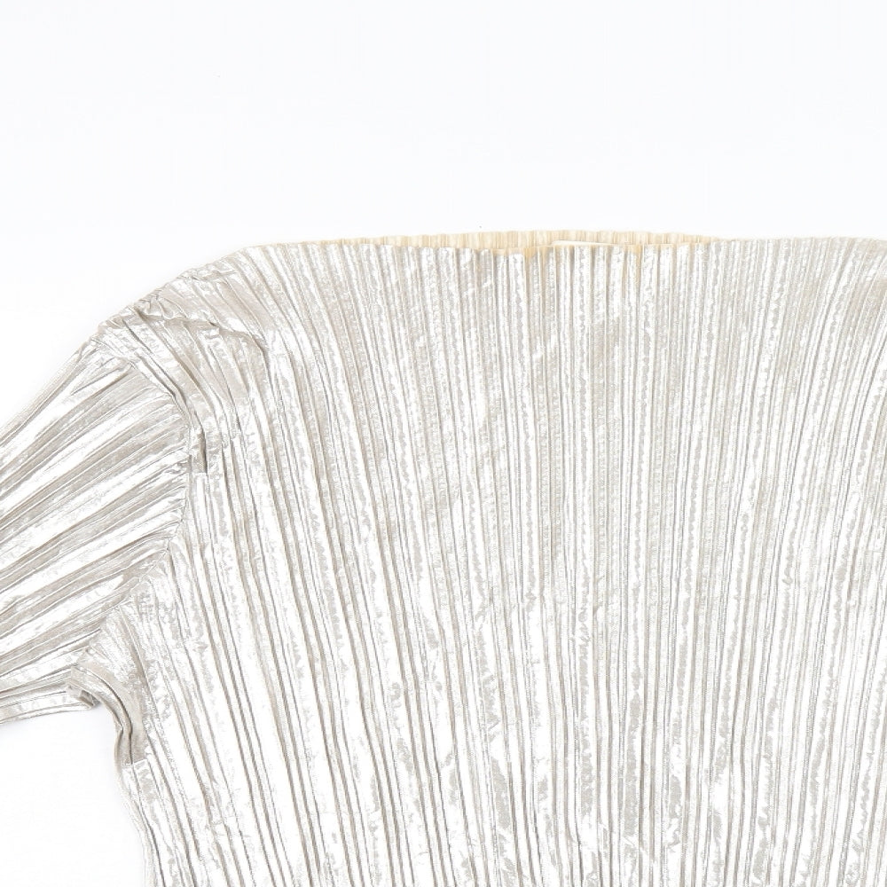 H&M Womens Silver Polyester Basic T-Shirt Size L Boat Neck - Metallic Look, Pleated