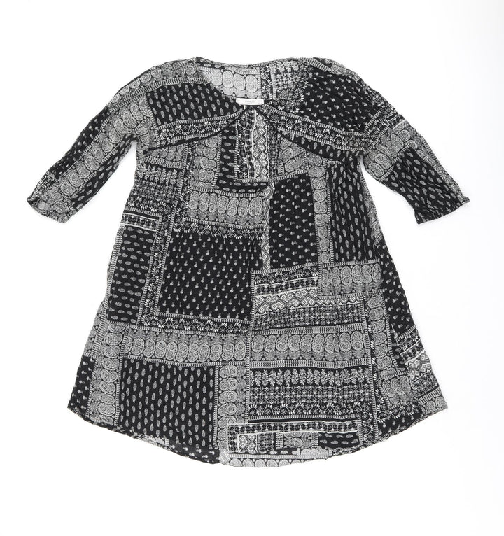 Mango Womens Black Geometric Cotton A-Line Size S Boat Neck Pullover
