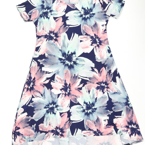 Nicole Collection Womens Blue Floral Polyester A-Line Size L Round Neck Pullover