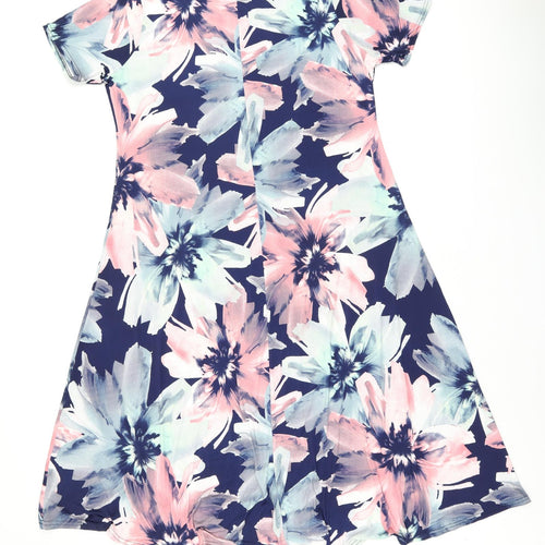 Nicole Collection Womens Blue Floral Polyester A-Line Size L Round Neck Pullover