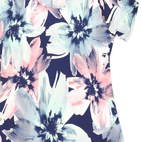 Nicole Collection Womens Blue Floral Polyester A-Line Size L Round Neck Pullover