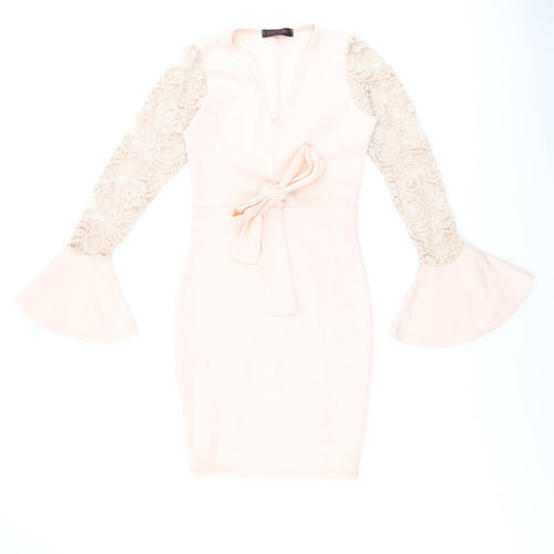 Edge Street Womens Pink Polyester Bodycon Size 8 V-Neck Pullover - Lace Sleeves