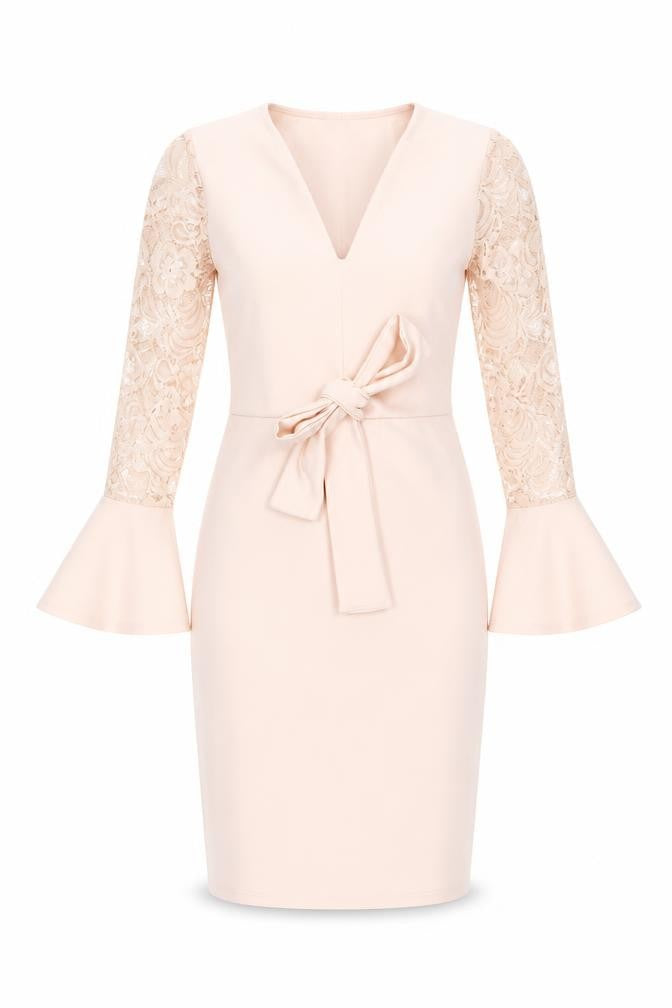 Front view of Edge Street women’s pink polyester bodycon, size UK 8, v-neck pullover - lace sleeves