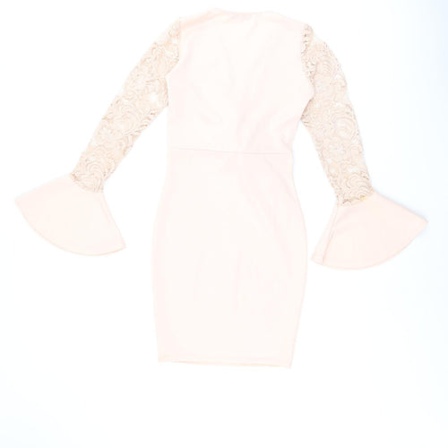Edge Street Womens Pink Polyester Bodycon Size 8 V-Neck Pullover - Lace Sleeves