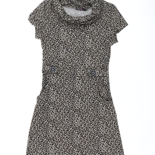 Tenki Womens Brown Animal Print Polyester A-Line Size M High Neck Pullover - Leopard Print