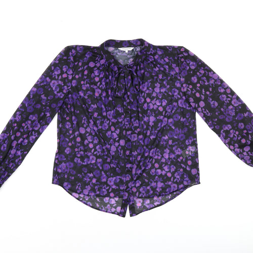 Great Plains London Womens Black Floral Polyester Basic Button-Up Size M Round Neck - Sheer
