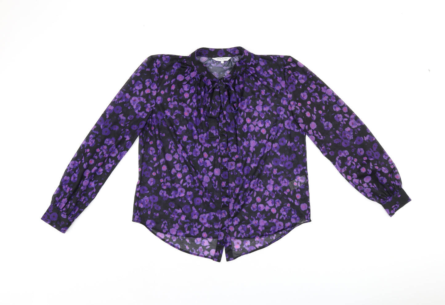 Great Plains London Womens Black Floral Polyester Basic Button-Up Size M Round Neck - Sheer