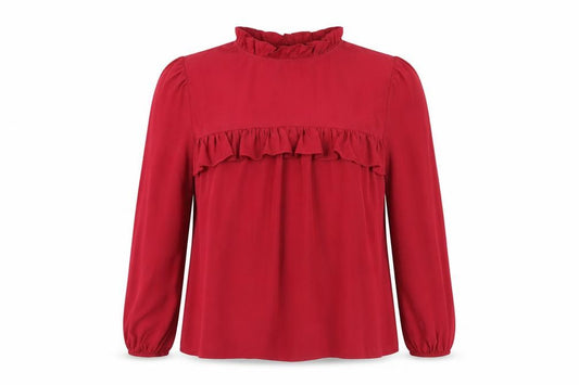 Front view of Boohoo women’s red polyester basic blouse, size UK 10, round neck - ruffles
