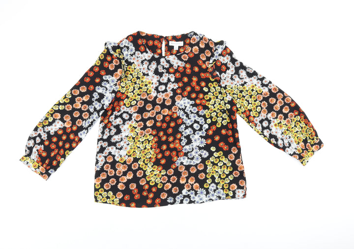 Warehouse Womens Black Floral Polyester Basic Blouse Size 12 Round Neck