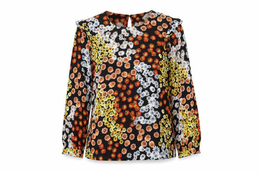 Front view of Warehouse women’s black floral polyester basic blouse, size UK 12, round neck
