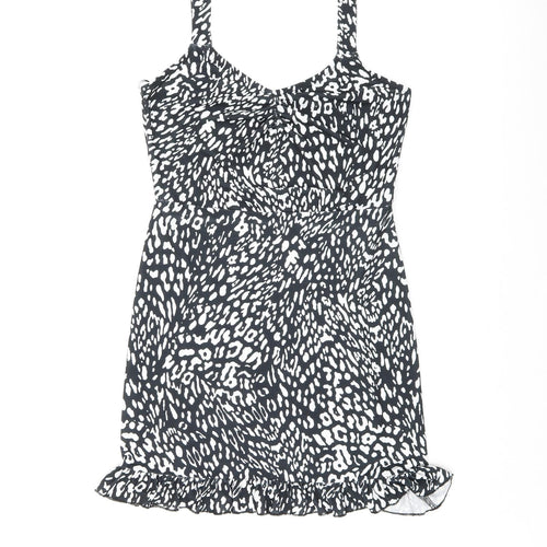 Miss Selfridge Womens Black Geometric Polyester Mini Size 8 V-Neck Pullover - Ruffles