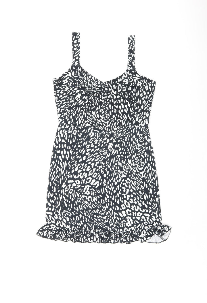 Miss Selfridge Womens Black Geometric Polyester Mini Size 8 V-Neck Pullover - Ruffles