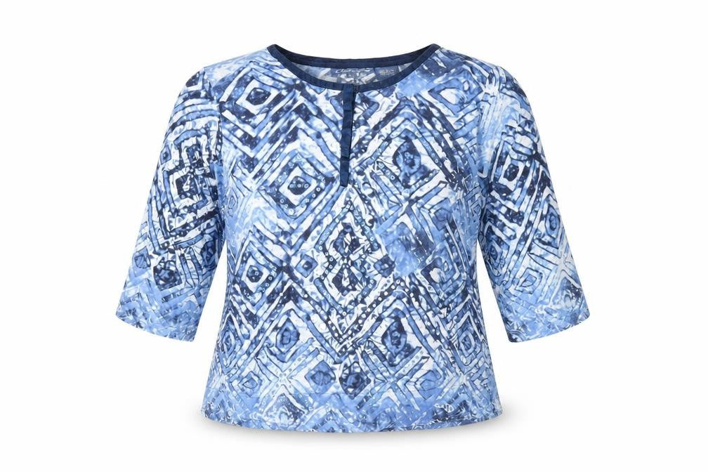 Front view of Artacapea women’s blue geometric cotton basic blouse, size L, round neck - sequins