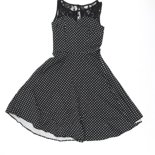 Bbonlinedress Womens Black Polka Dot Cotton Skater Dress Size XS Boat Neck Zip - Lace Neckline Detail