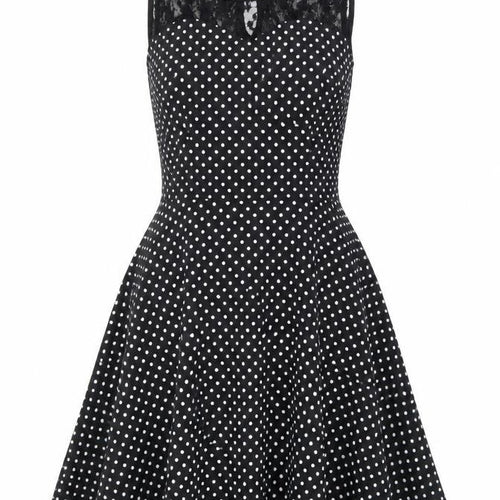 Bbonlinedress Womens Black Polka Dot Cotton Skater Dress Size XS Boat Neck Zip - Lace Neckline Detail